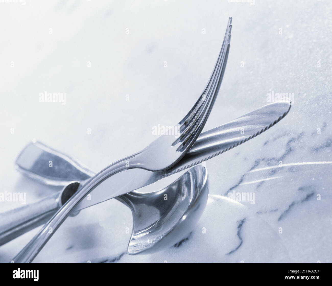Flatware, detail, branch, knife, spoon, marble table, instruments ...