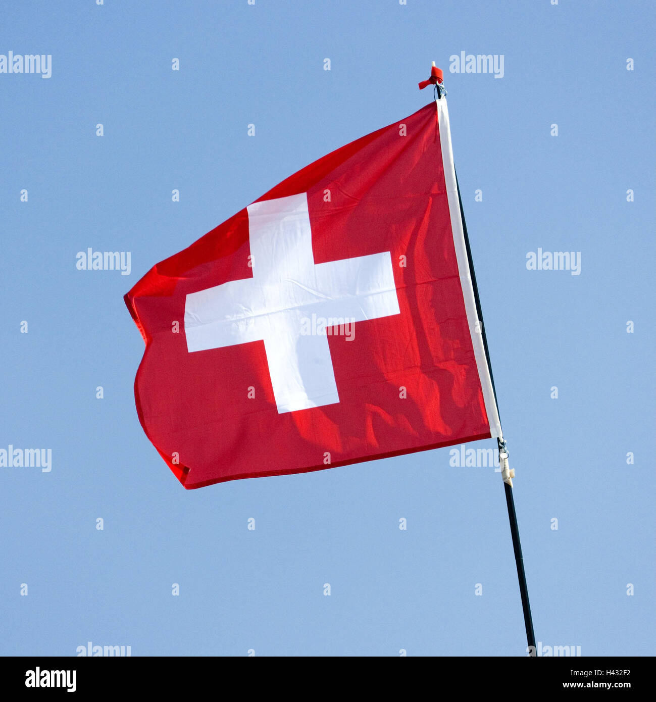 Flag, Switzerland, Europe, flagpole, mast, flag, national flag, national flag, national colors, red, white, cross, wind, wave, sky, blue, patriotism, product photography, Stock Photo