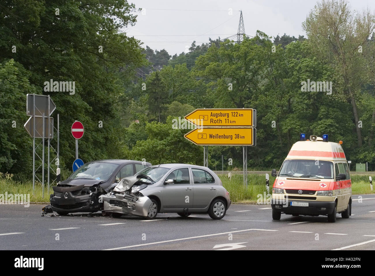 Traffic accident, compact car, broken, rescue cars, detail, street, junction, signs, accident, frontal damage, collision, cars, liability, fully comprehensive insurance, traffic, danger collision, traffic, traffic accident, insured event, impact, collision, head-on, frontal damage, collision, collision, Stock Photo