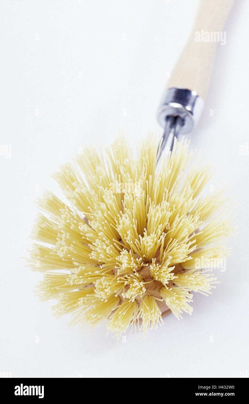 Washing-up brush, wooden, wooden washing-up brush, wooden grip, cuisine, culinary implement, wash up, brush, brightly, bristles, nature bristles, beige, studio, product photography, Stock Photo