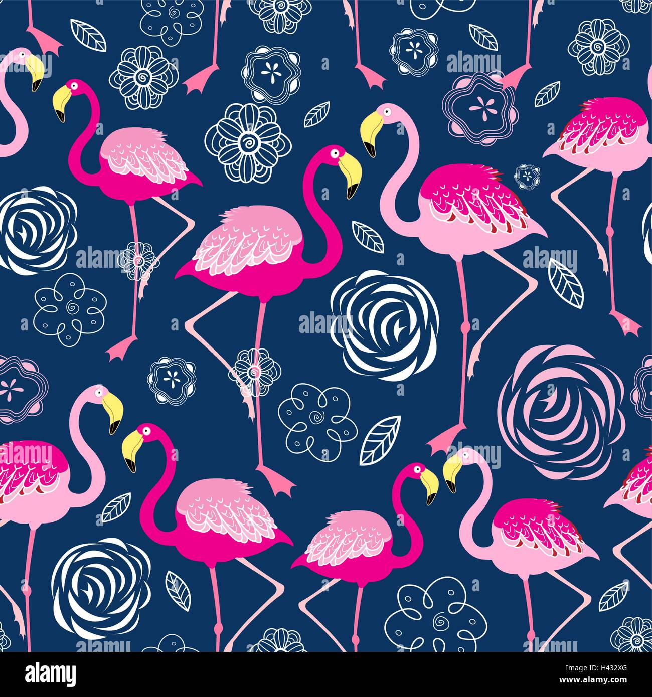 Graphic pattern of pink flamingos on a dark blue background Stock ...