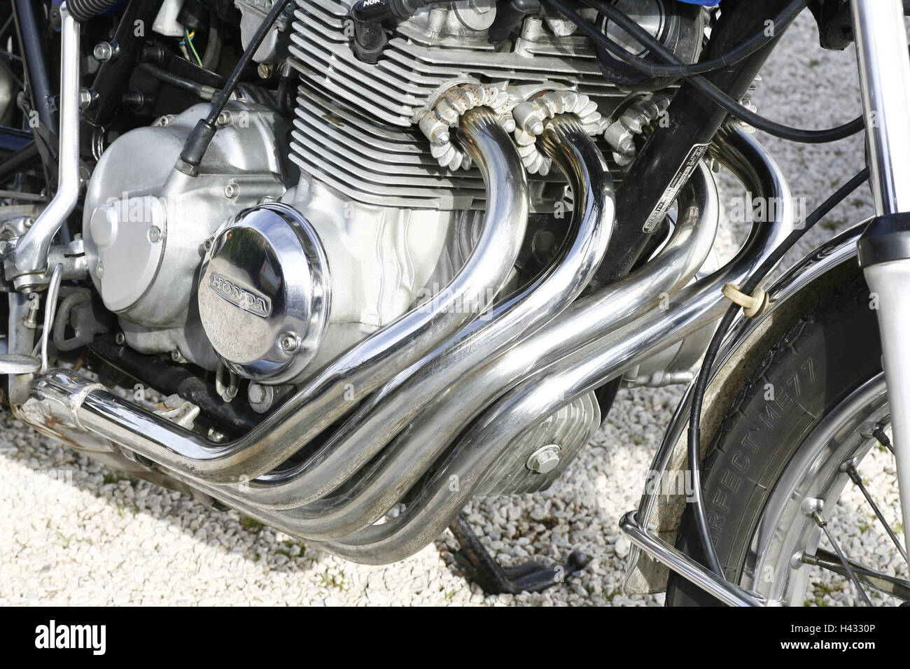 Honda 'CB Four', motorcycle, detail, engine, elbow, chrome, from below Stock Photo