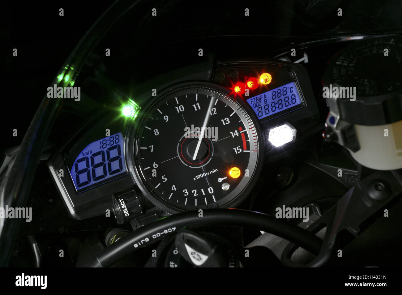 Motorcycle tachometre, illuminateds, 12000 rotations, lamps, shine Stock Photo