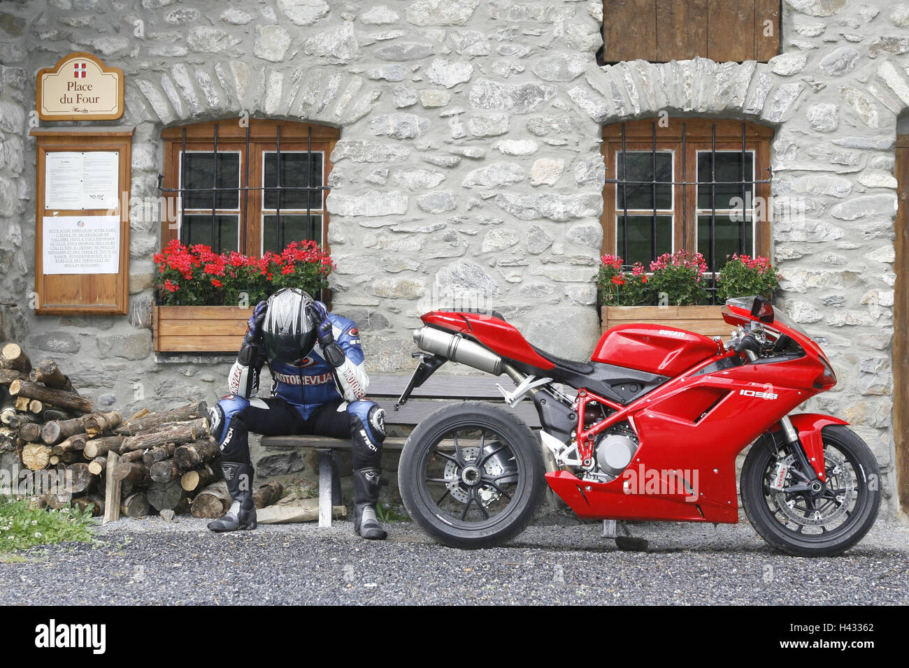 Motorcycle Ducati in 1098, driver, company bank, sit, motorcycle, foreground Stock Photo