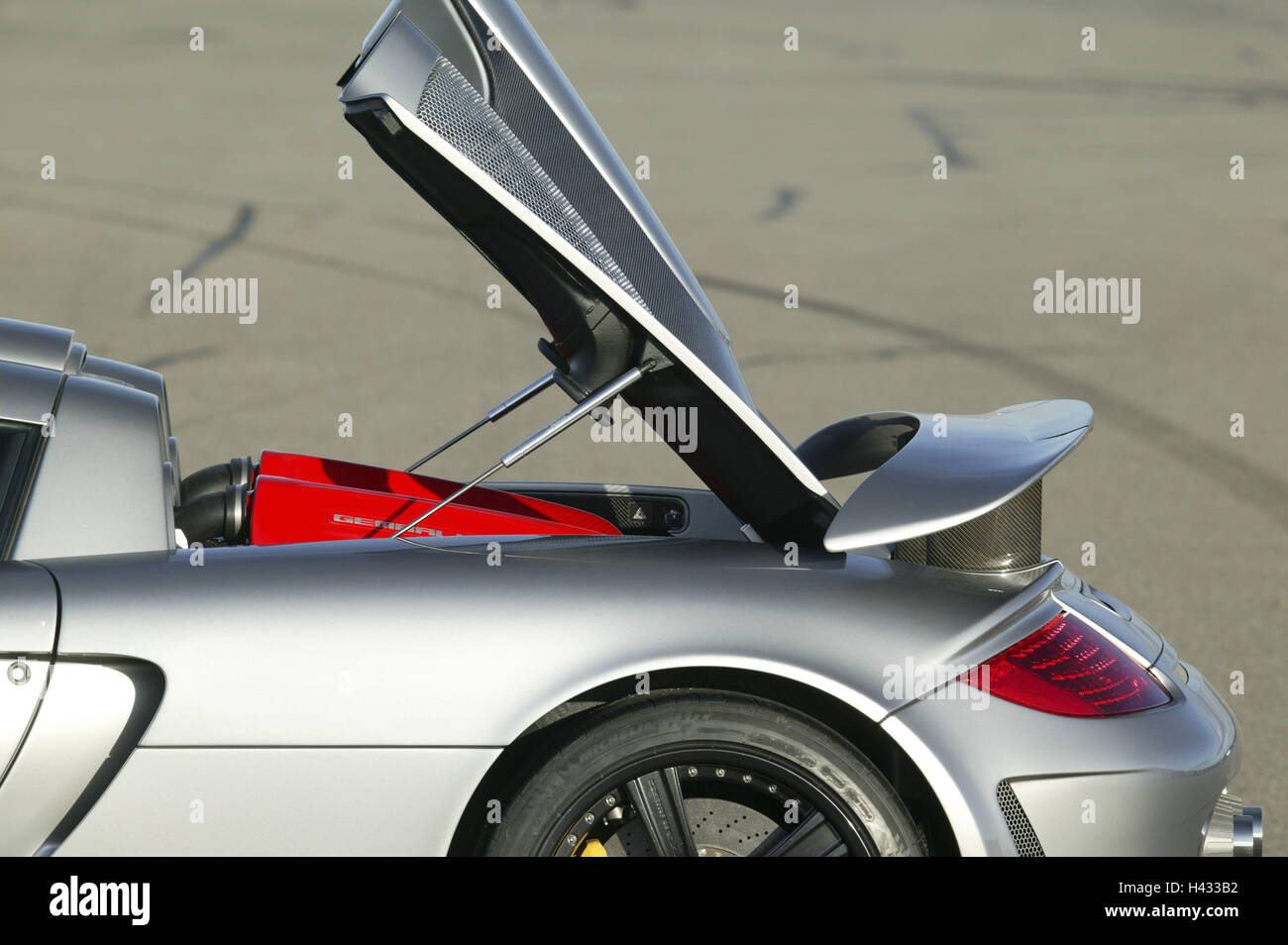 Gemballa Porsche, 'Mirage GT', silver, engine compartment opened Stock Photo