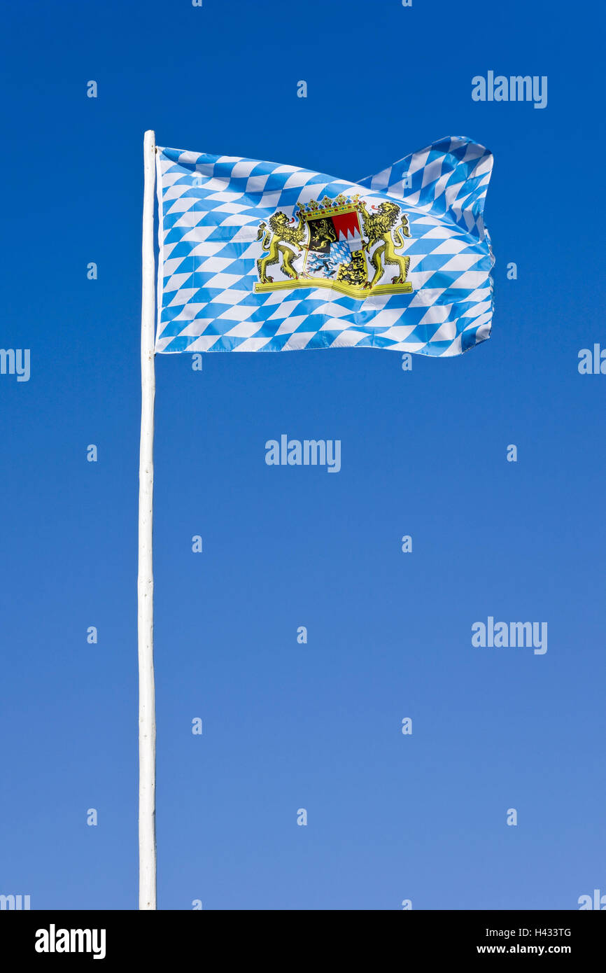 Bavarian flag, sky, blue, banner, flag, coat of arms, Bavaria, Bavarian, wind, windy, blowing, blowing, flutter, air, airy, Free State, white, blue, white blue, pattern, lion, mast, flagpole, diamonds, Stock Photo