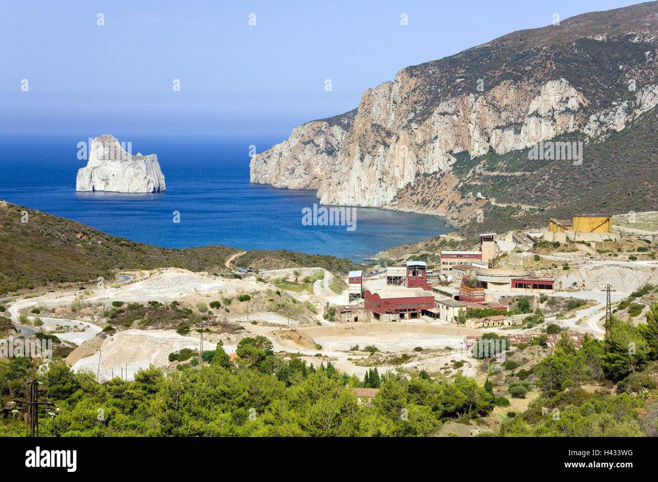 Italy, island Sardinia, southwest coast, coastal scenery, mining attachments, background, Pan di Zucchero, Europe, coast, mining, ruins, old, disused, industry, bile coast, rocky, cliffs, mountains, mountains, arch reduction, bile island, sea, the Mediterranean Sea, deserted, outside, Stock Photo