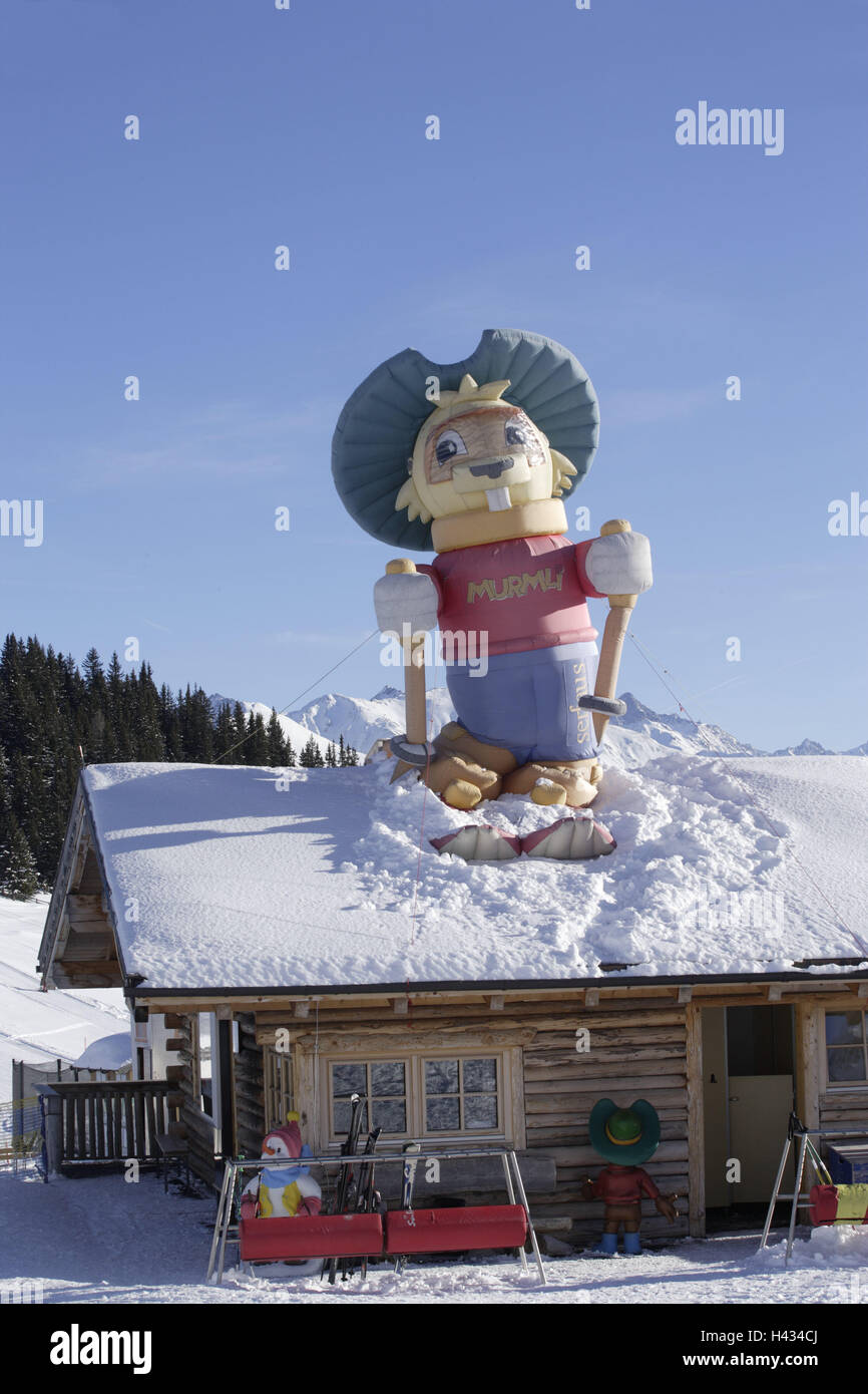 Austria, Tyrol, Serfaus, child snow alp, mascot, 'Murmli', pneumatically, alps, mountains, mountains, season, winter, snow, snow-covered, winter sports area, winter sports, skiing area, tourism, tourism, children, care children, alp, hut, wooden hut, figures, nicely, childishly, Appropriate for children, wittily, Stock Photo