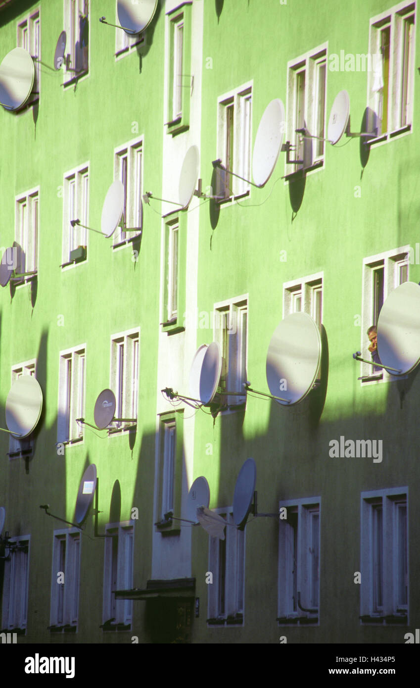 Increase-family-house, facade, satellite-bowls, house, block of flats, house-facade, green, antennas, parabolic-antennas, reception-installations, satellite-reception-installations, many, satellite-television, symbol, television, station-variety, communic Stock Photo