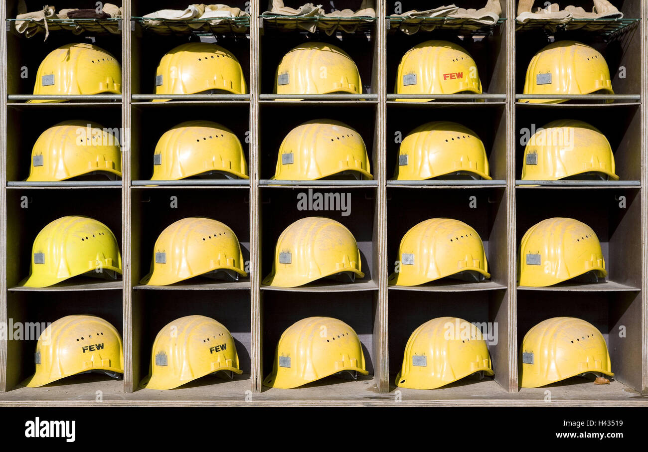 Shelves, construction helmets, yellow, clipboard, safety helmets