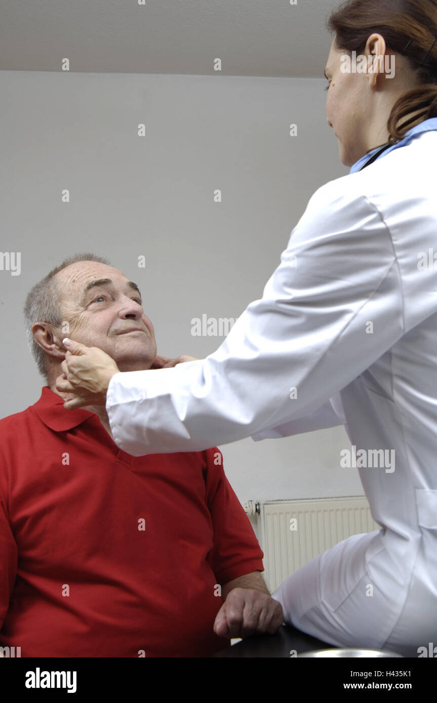 Doctor, examination, patient, feel, lymph nodes, people, woman, man, occupation, medicine, practise, treatment, medical practise, public health, health, disease, remedial occupation, scan, feels, pains, sore throat, trust, boss, Stock Photo