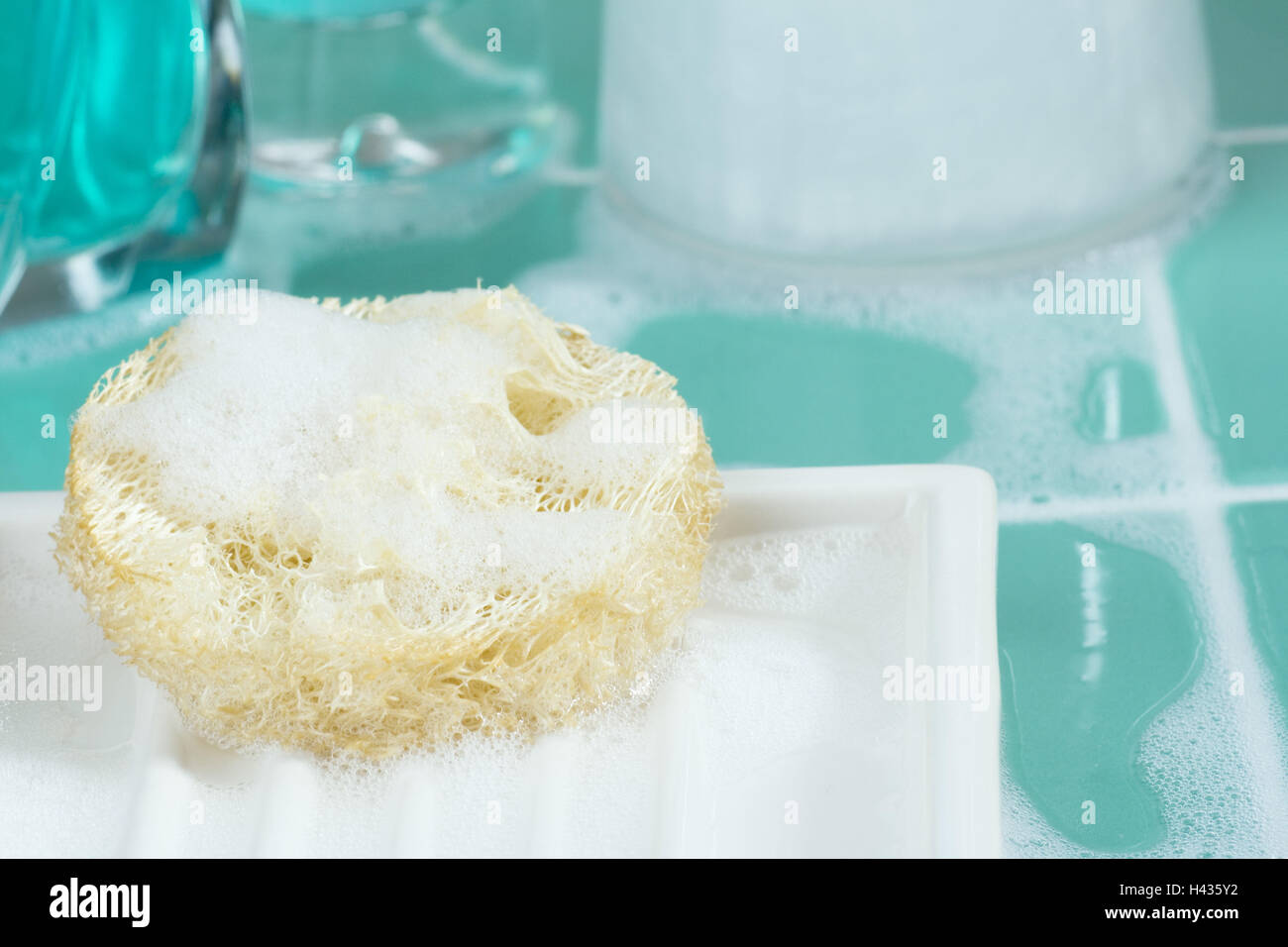 Glass decanters, bath additions, froth, fungus, detail, Stock Photo
