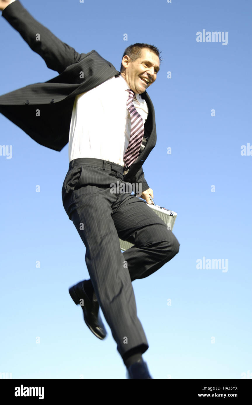 Man, suit, suitcase, caper, jumping, joy, motivation, success, business