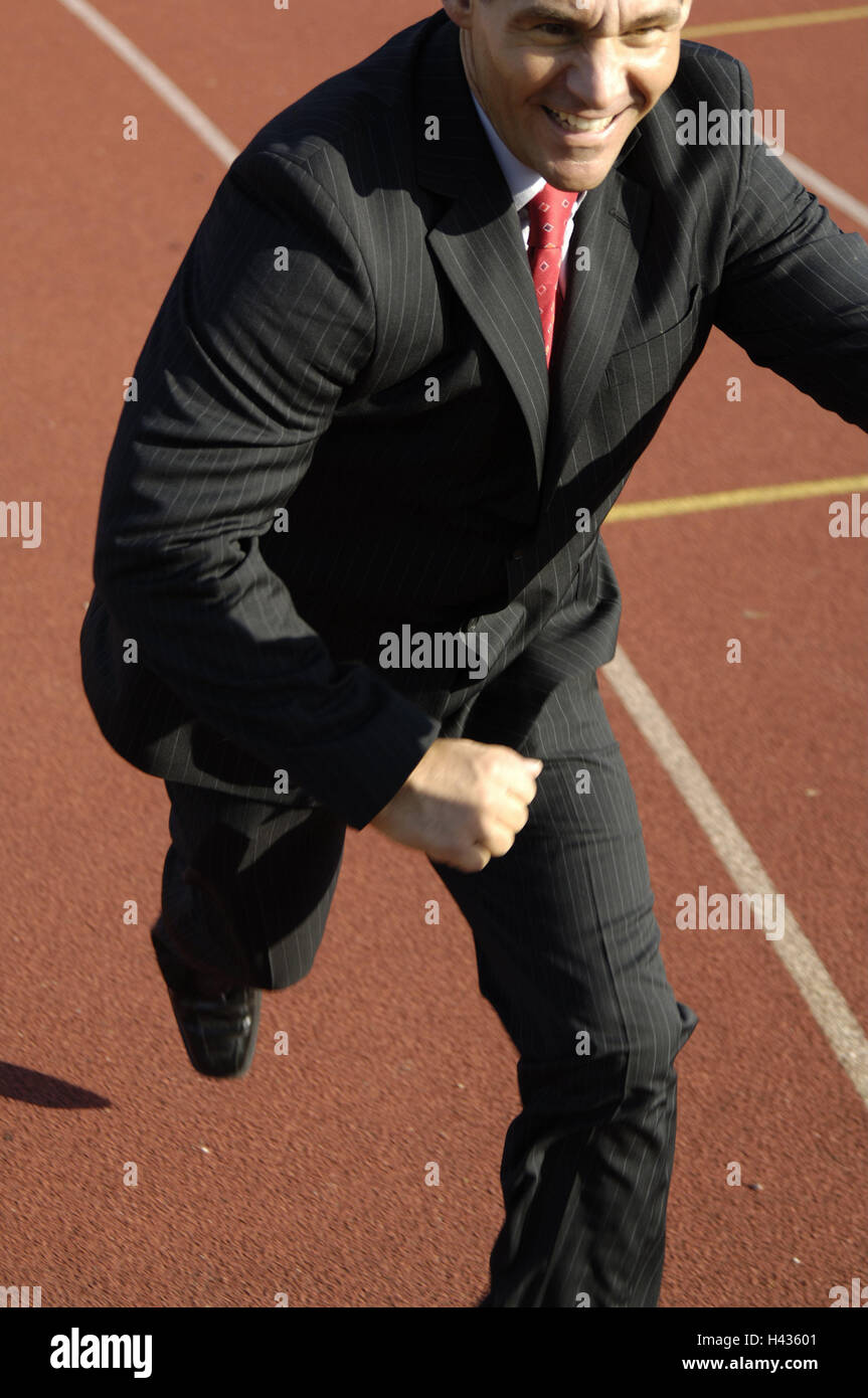 Businessman, Tartanbahn, running, perseverance, motivation, dynamically, smile, sprint, suit, sport, business, icon, career, occupation, career, success, readiness, motivation, ambition, energy, motion, briefcase, purposefully, capacity, competition, haste, speed, Stock Photo
