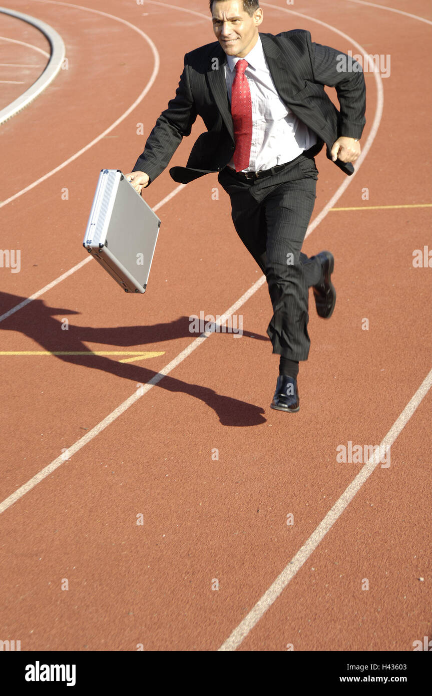 Businessman, Tartanbahn, running, perseverance, motivation, Dynamically, smile, sprint, suit, sport, business, icon, career, occupation, career, success, readiness, motivation, ambition, energy, motion, briefcase, suitcase, Purposefully, capacity, competition, haste, speed, Stock Photo