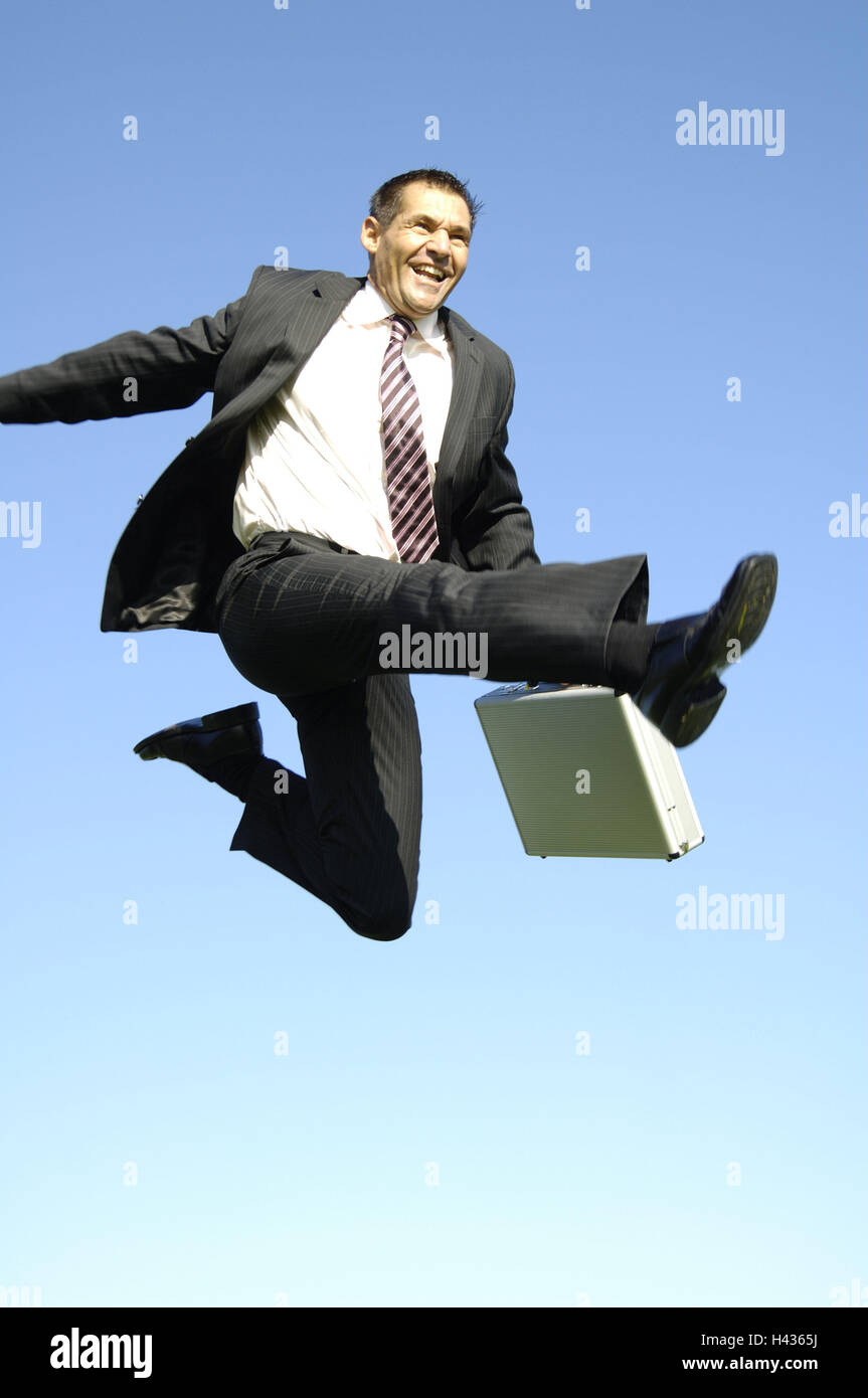 Man, suit, suitcase, caper, jumping, joy, motivation, success, business