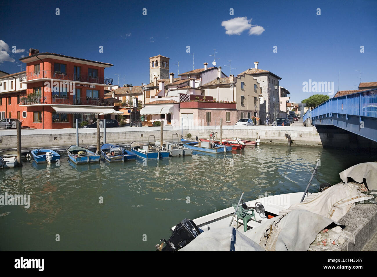 Italy, Marano Lagunare, town view, harbour, town, houses, buildings, harbour basins, fishing harbour, fishing boats, destination, tourism, Stock Photo