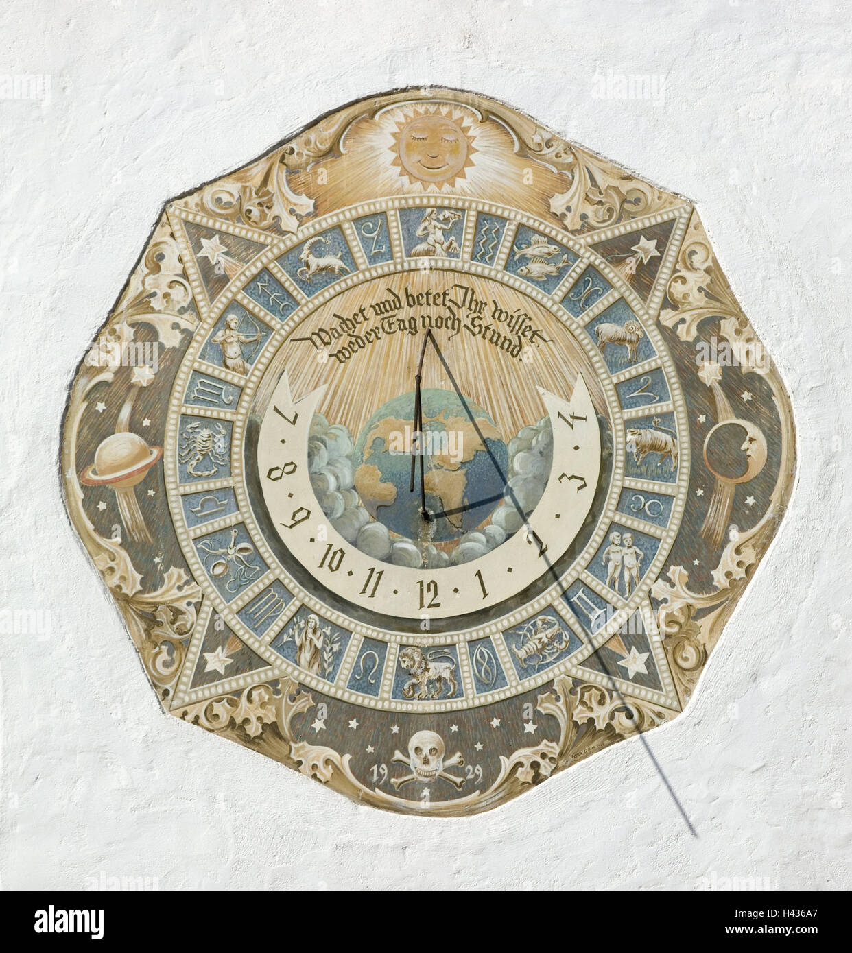 More poorly, sundial, Germany, Riedlingen, facade, wall, house facade, clock, time knife, solar state, scale, wand, gnomon, display, hours, time, product photography, Stock Photo