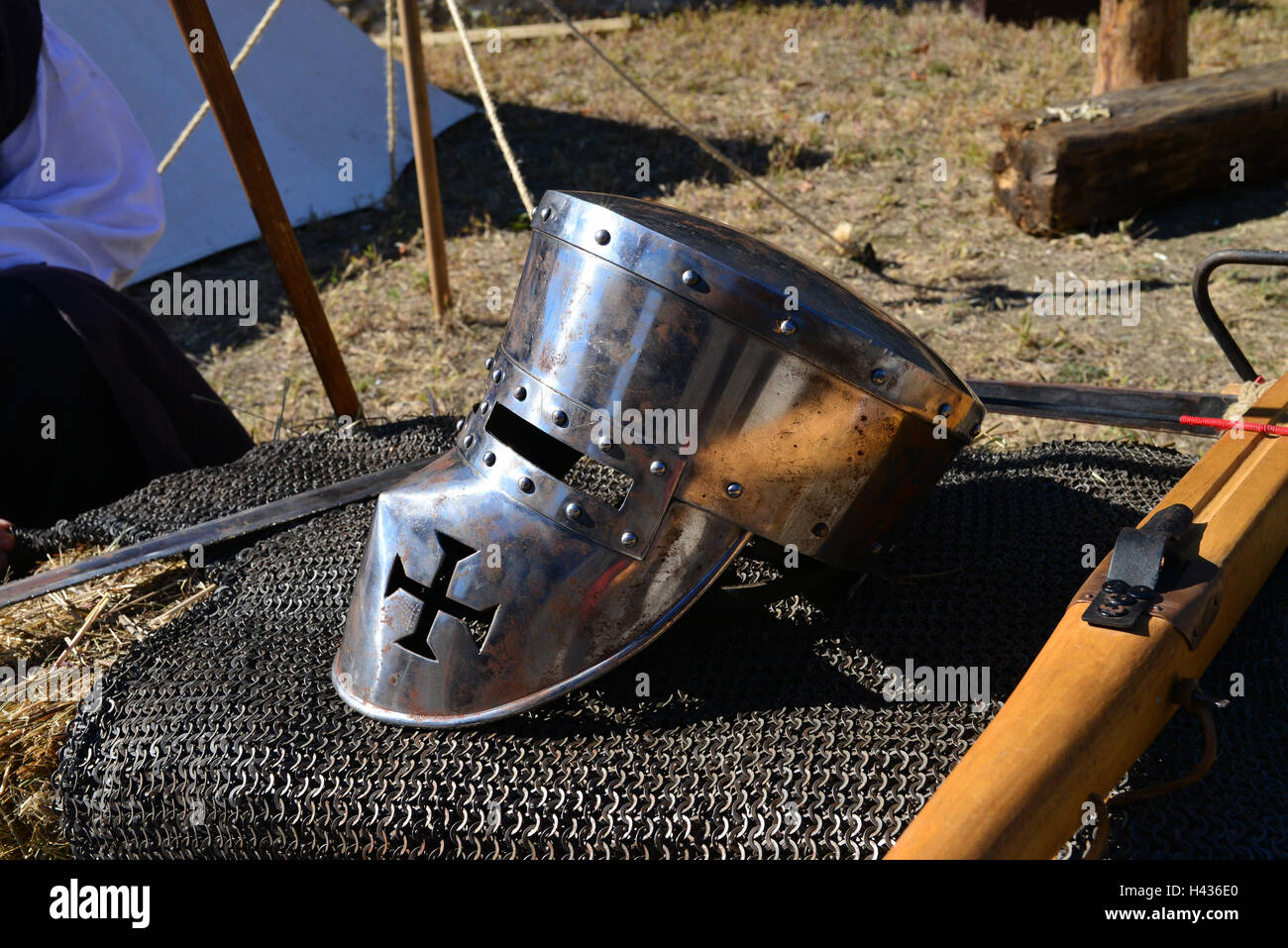 medieval metal helmet props warrior head protection Stock Photo
