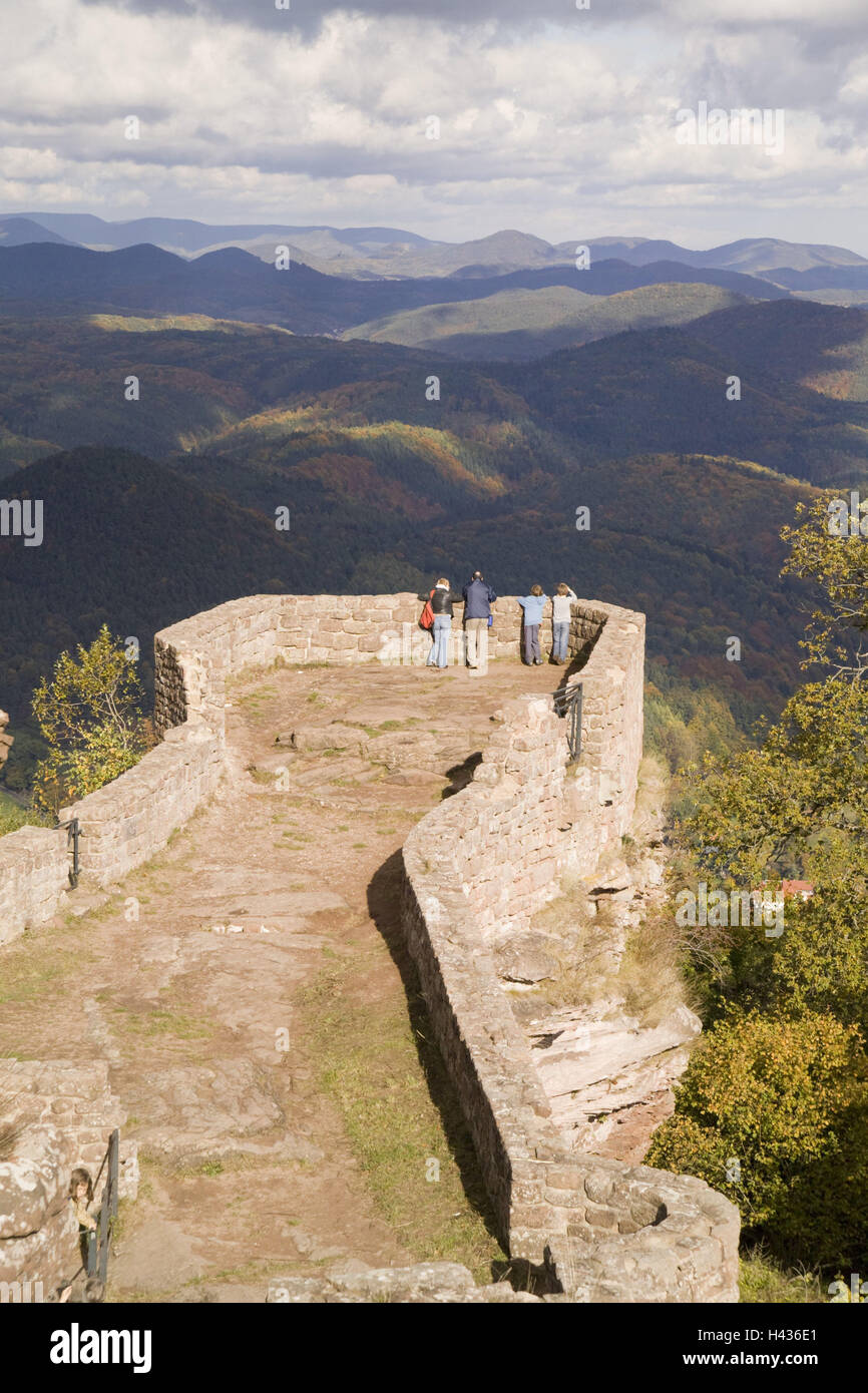 Germany, Rhineland-Palatinate, Nothweiler, castle Wegeln, lookout, tourist, castle, castle grounds, Middle Ages, autumn, place of interest, view, view, hilly, shades, people, distance, width, deepness, mountains, castle ruin, Stock Photo
