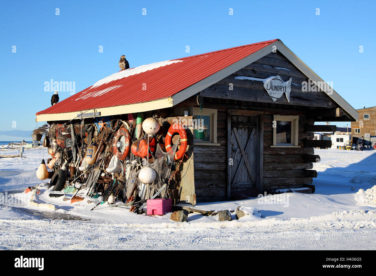 Alaska, Homer, fishing house, beach, winter, Stock Photo