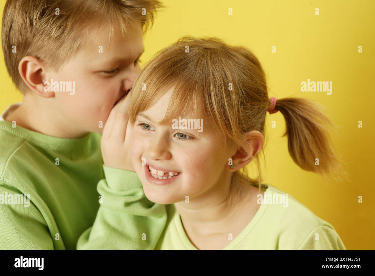 Girls, boy, siblings, whisper, portrait, curled, Stock Photo
