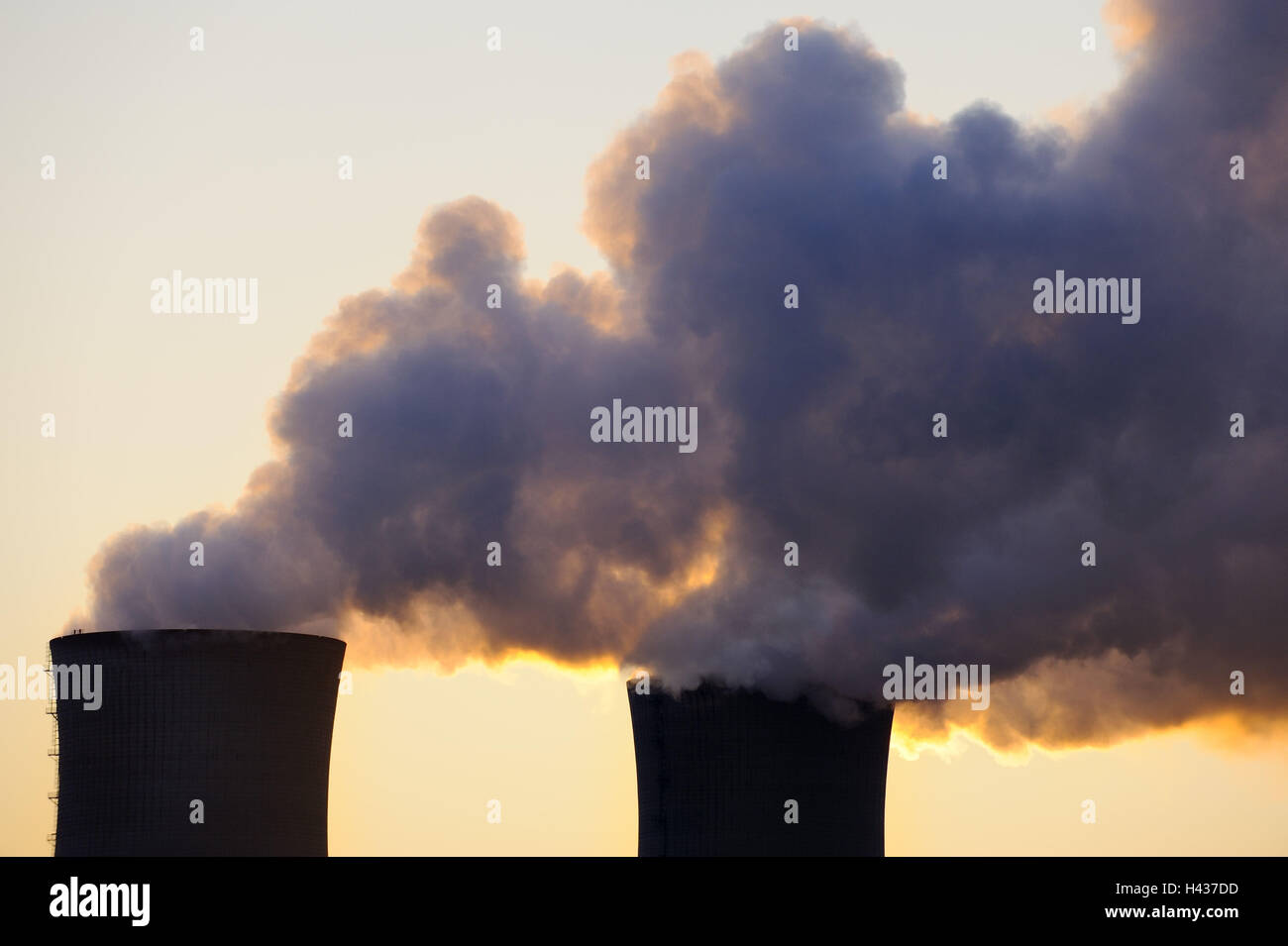 Evening, cooling towers, nuclear power plant field Grafenrhein, Lower Franconia, Bavarians, Germany, Stock Photo