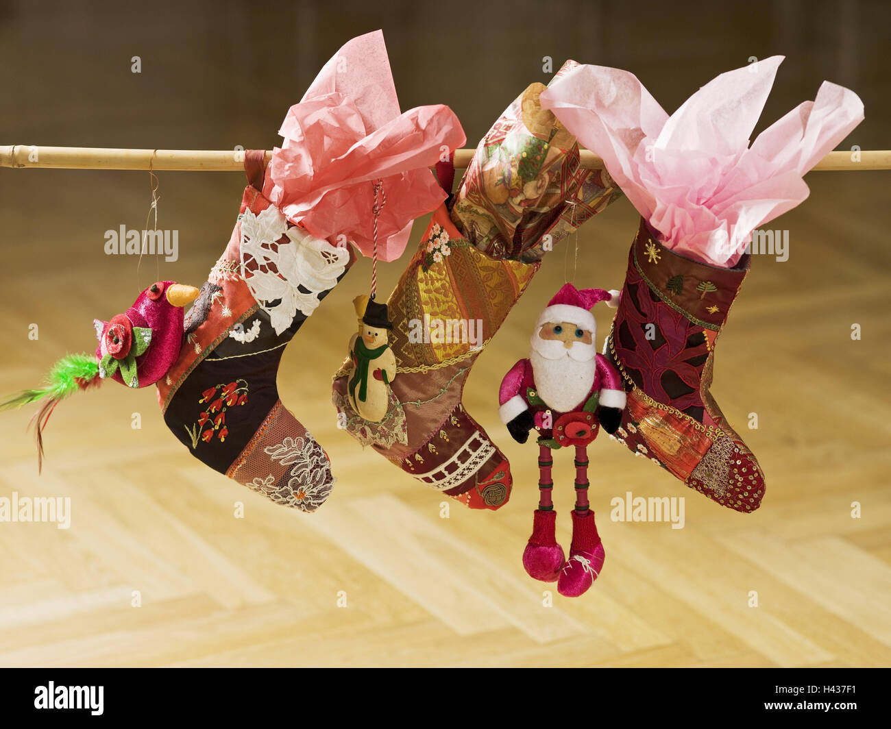 Bamboo stick, Santa's boot, hang, Weihnachtsdeko, xmas, decoration, Santa's figure, Santa Claus, figure, Christmas mood, Christmas presents, presents, Santa's boots, decoration boots, atmospheric, celebrate, festively, parquet flooring, Stock Photo