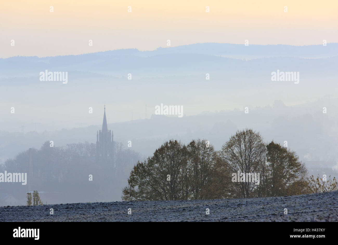 Germany, Thuringia, king's lake, trees, steeple, view, fog, clouds, place of interest, destination, tourism, scenery, hill, field, season, autumn, deserted, Schiefergebirge, church, tower, Stock Photo