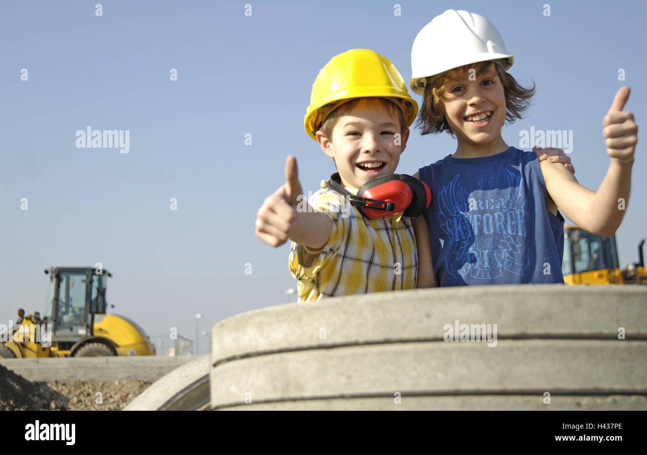 Children, boys, happy, men at work, career plans, construction worker, gesture, childhood, boys, two, friends, 10-12 years, construction, build, plan, play, building industry, helmet, construction helmet, ear defender, concrete, concrete rings, Bauingnieur, wish, future, dream the future, dream, game, joy, friendship, work, plan, colleague, happily, smile, positively, okay, craft, craftsman, Stock Photo