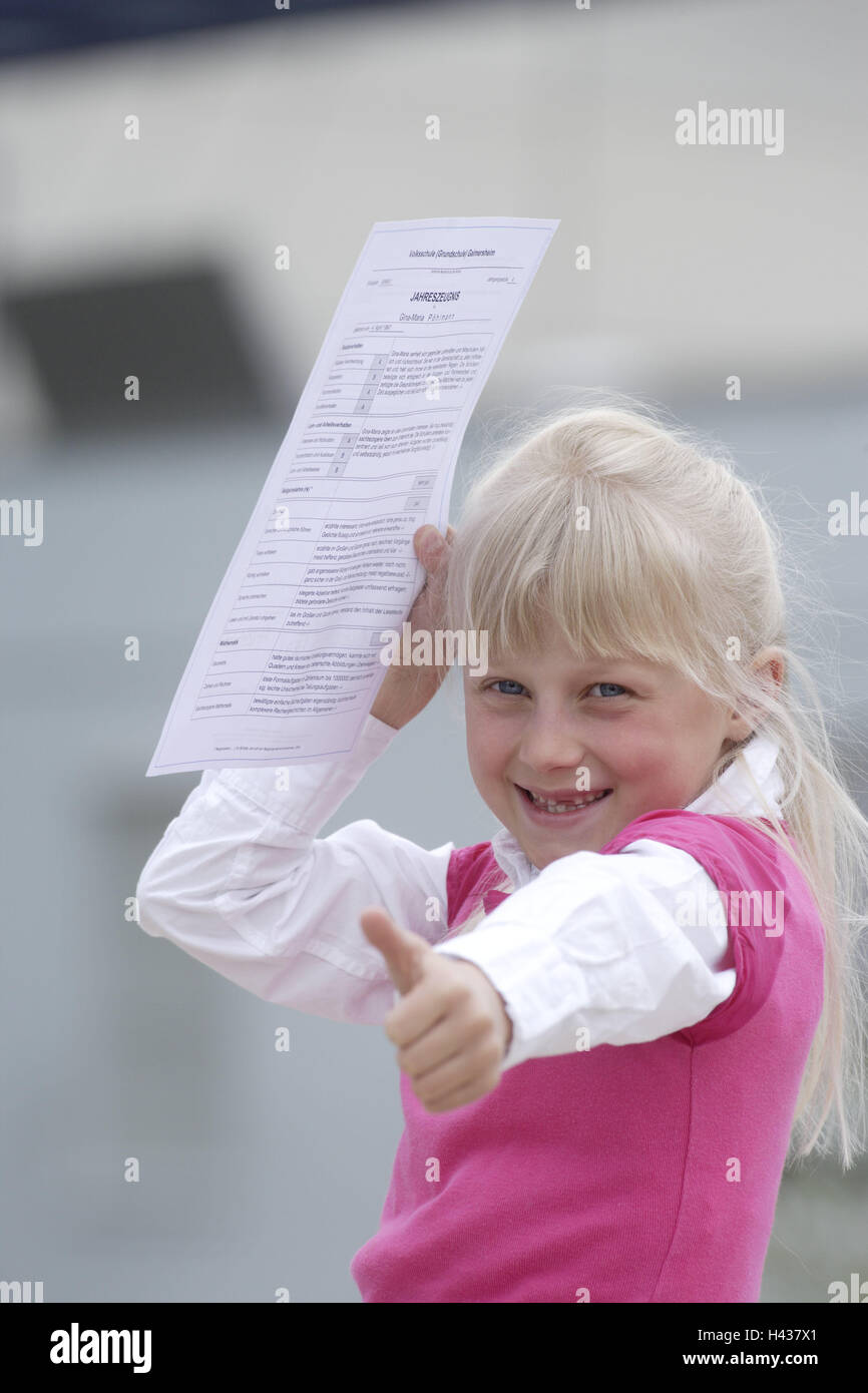 Girls, elementary school, report, positively, gesture, joy, schoolgirl, 6-10 years, outside, education, blond, pollexes, joy, happy, elementary school, child, laugh, learning, Pisa study, portrait, playground, school score, well, knowledge, report, contently, Stock Photo