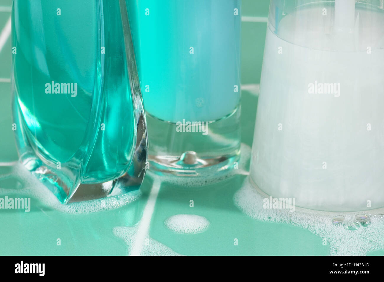 soap dispenser, glass decanters, bath additions, detail, Stock Photo