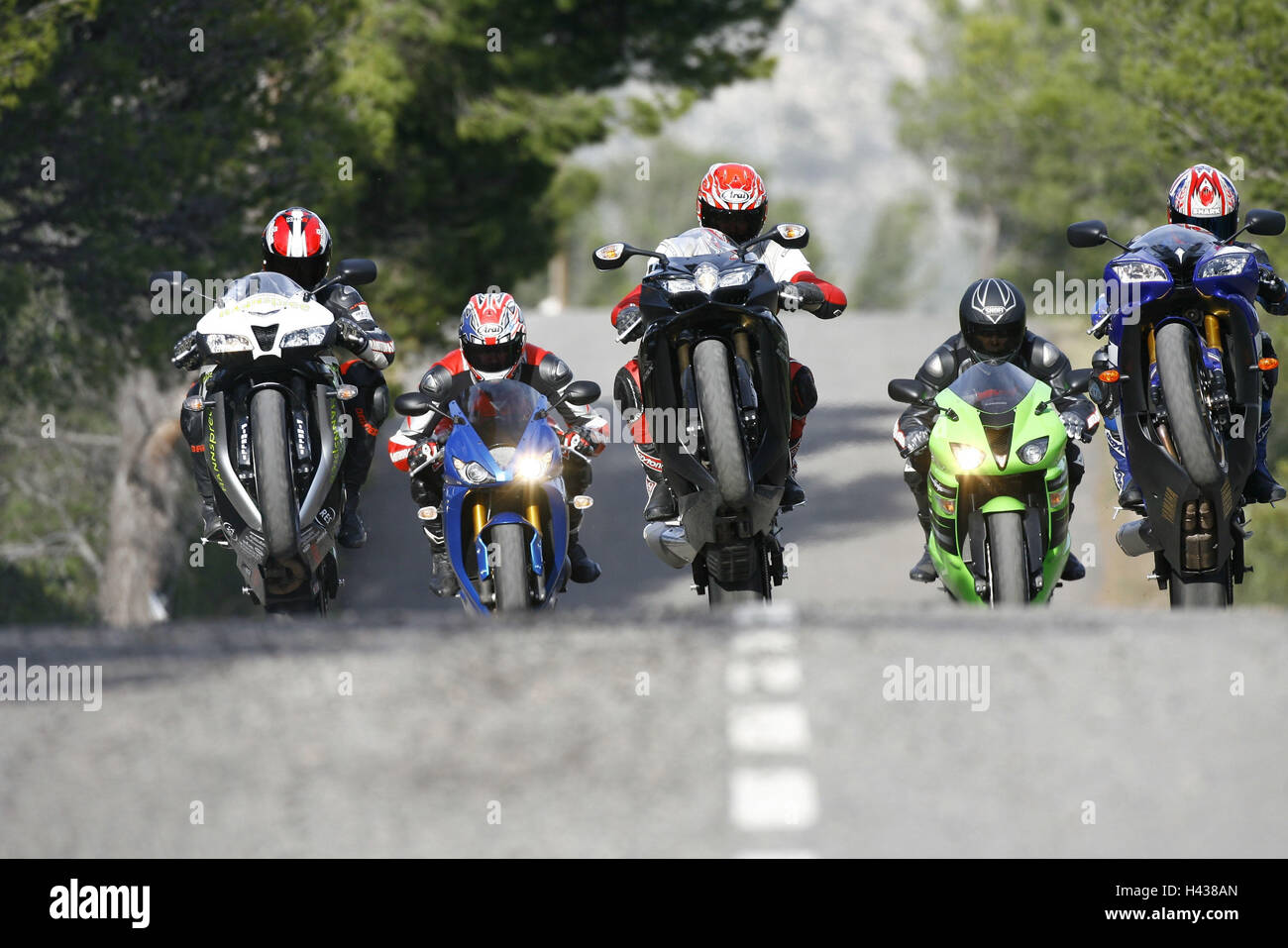 Country road, great sport motorcycles, journey, front view, Stock Photo