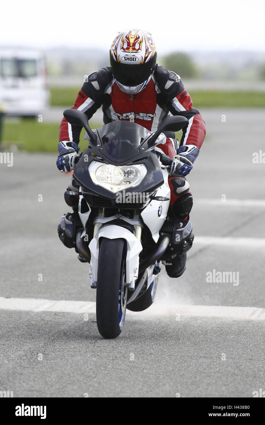 Motorcycle, journey, brake situation, ABS test, front view, Stock Photo