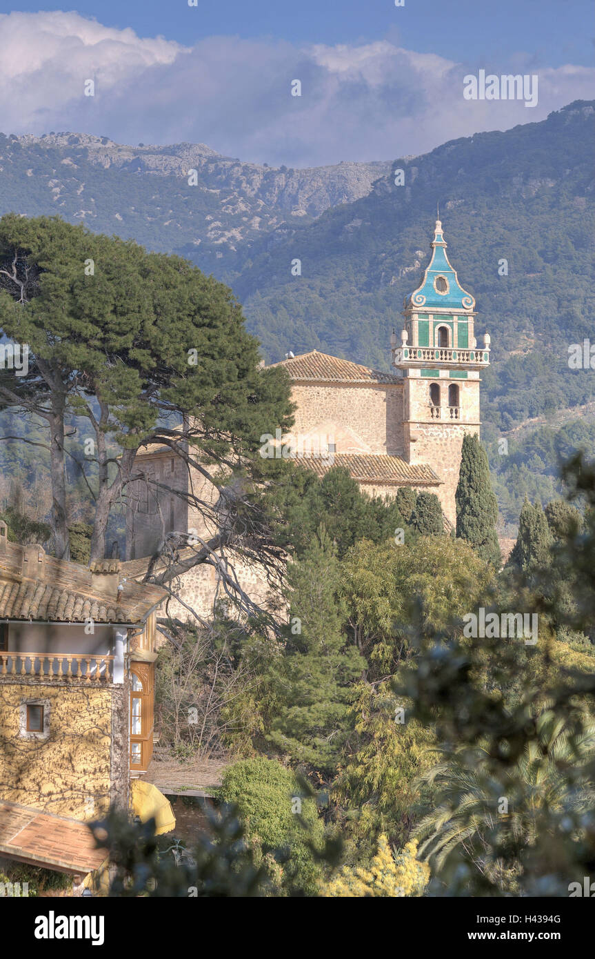 Spain, the Balearic Islands, island Majorca, Valldemossa, church, trees, detail, Stock Photo