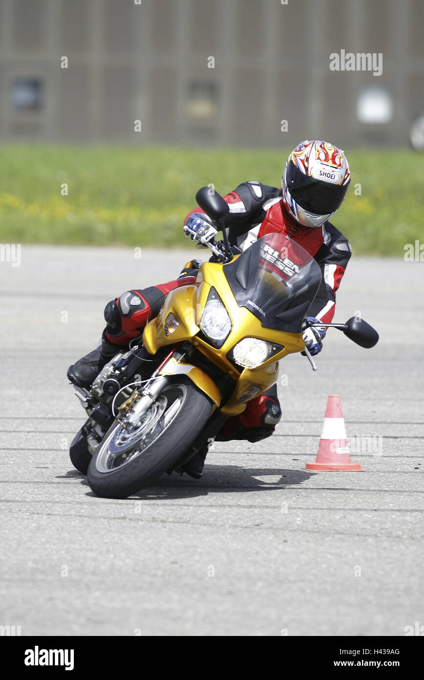 Motorcycle, journey, slalom, pylon, ABS test, Stock Photo