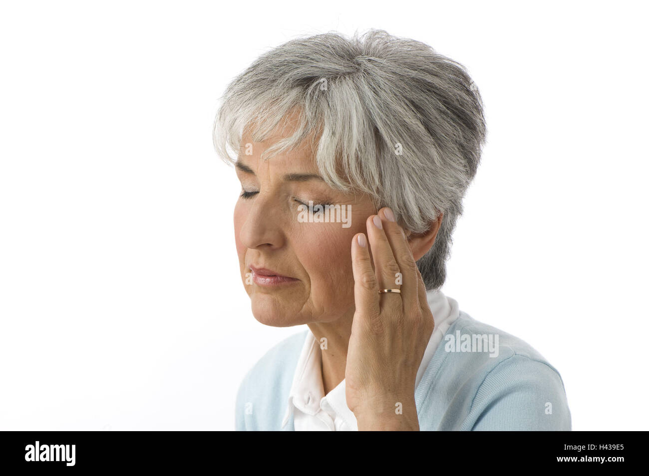 Senior, gesture, cephalalgias, portrait, person, senior citizens, woman, lifestyle, cultivated, attractively, Best-Age, grey-haired, studio, inside, cut out, pains, migraine, reworks, think, consider, worries, of a headache, Stock Photo