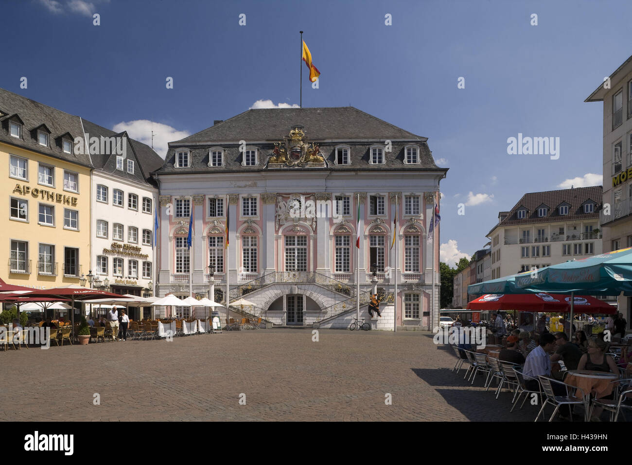 Germany, North Rhine-Westphalia, Bonn, marketplace, city hall, town, centre, building, houses, facades, city hall facade, baroque, flag, place of interest, space, cafe, street cafe, townscape, Stock Photo