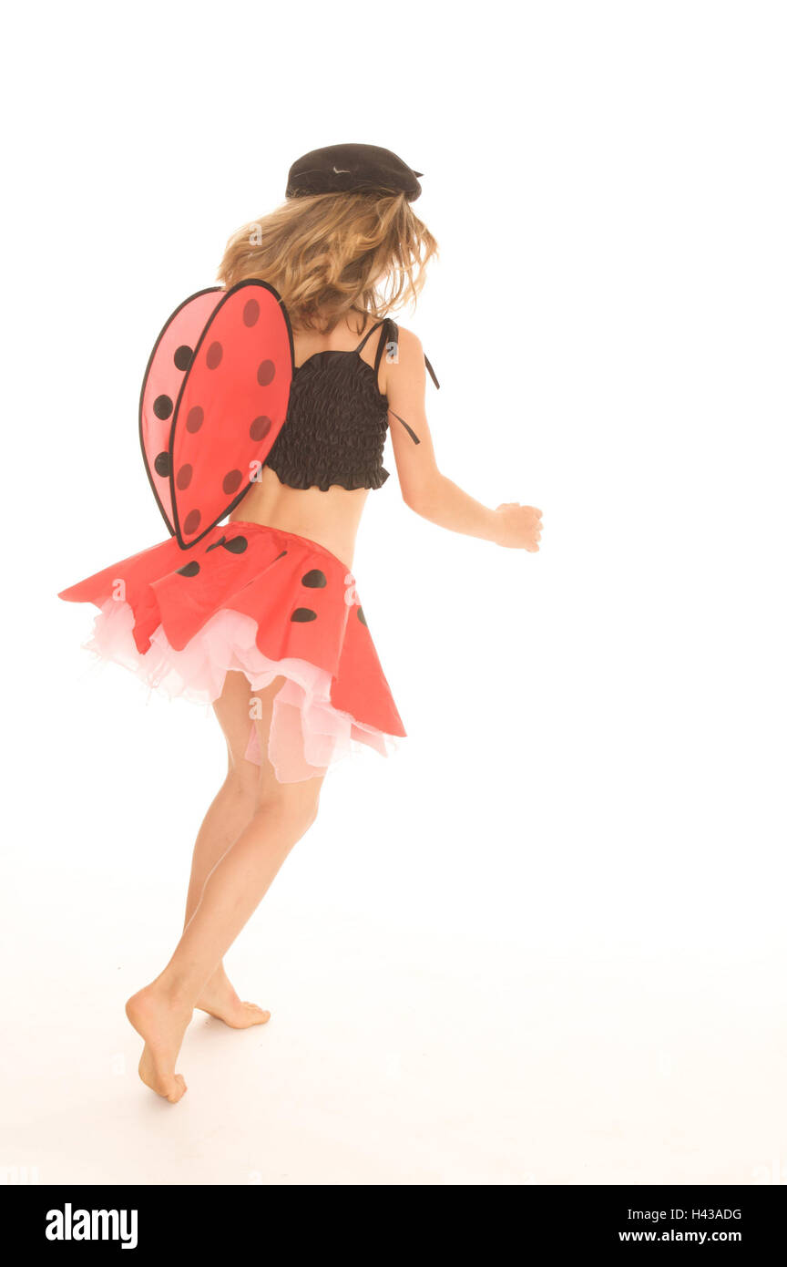 Girls, costume, lining, ladybird, back view, child, carnival costume, carnival, carnival, rock, wing, red, black, dots, scored, care, upper top, childhood, lighthearted, game, play, barefoot, cut outs, motion, lively, rotate, go, fantasia, studio, whole b Stock Photo