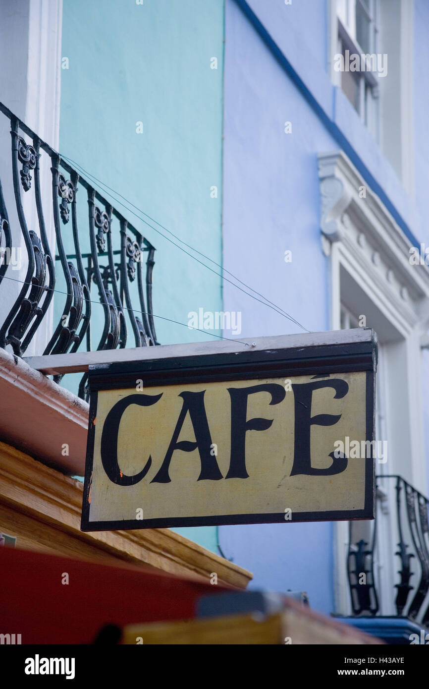Great Britain, London, Notting Hill, house facade, sign, cafe, Stock Photo