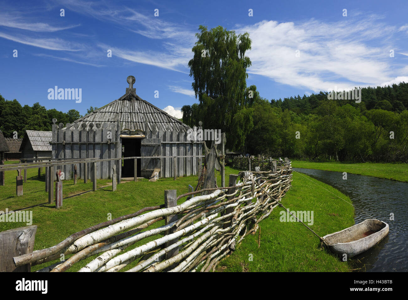 Germany, Mecklenburg-West Pomerania, Groß Raden, open-air museum, wooden house, boat, no property release, Stock Photo