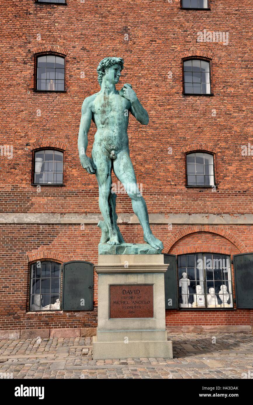 Statue of David by Michelangelo copy, in front of the Royal Cast Collection in the harbor, Copenhagen, Denmark Stock Photo