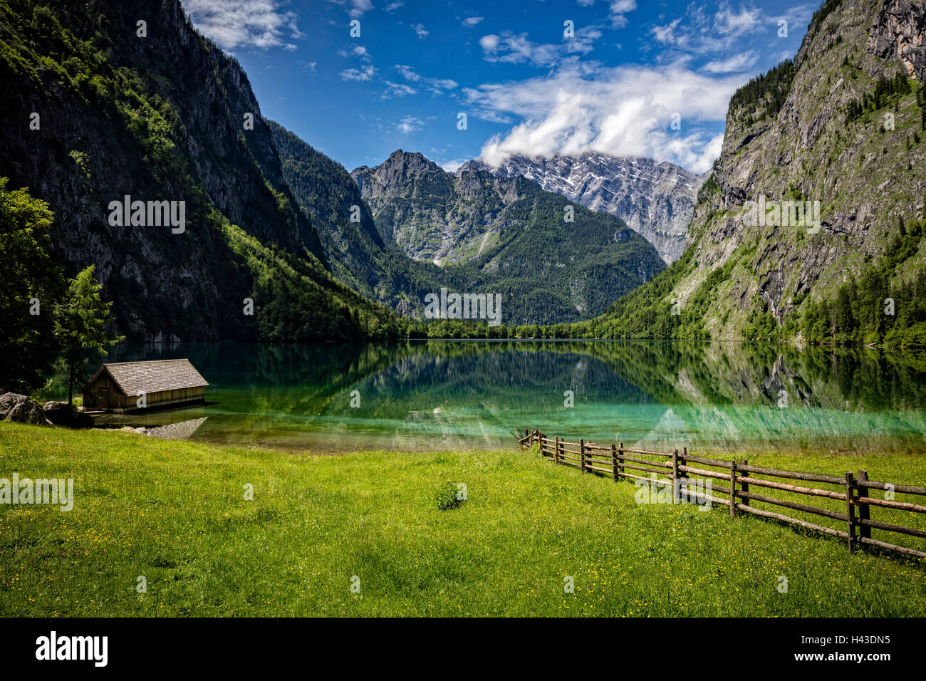 View from Fischunkenalm to Obersee and the Watzmann massif, Berchtesgaden District, Berchtesgaden, Bavaria, Germany Stock Photo
