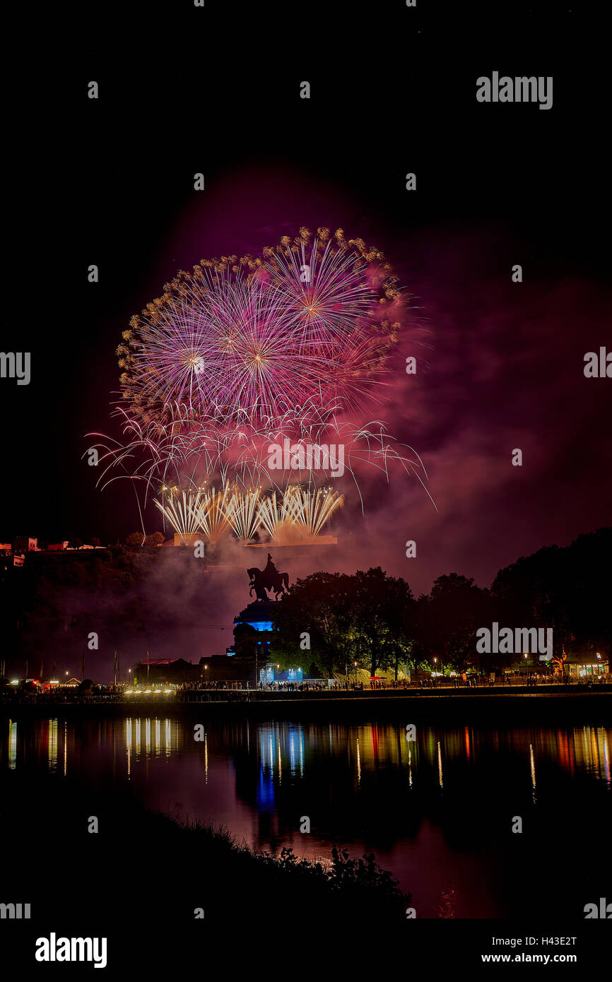 Colorful fireworks at the Ehrenbreitstein Fortress, Koblenz Summer Festival, Rhein in Flammen, Rhine in Flames 2016, Deutsches Stock Photo