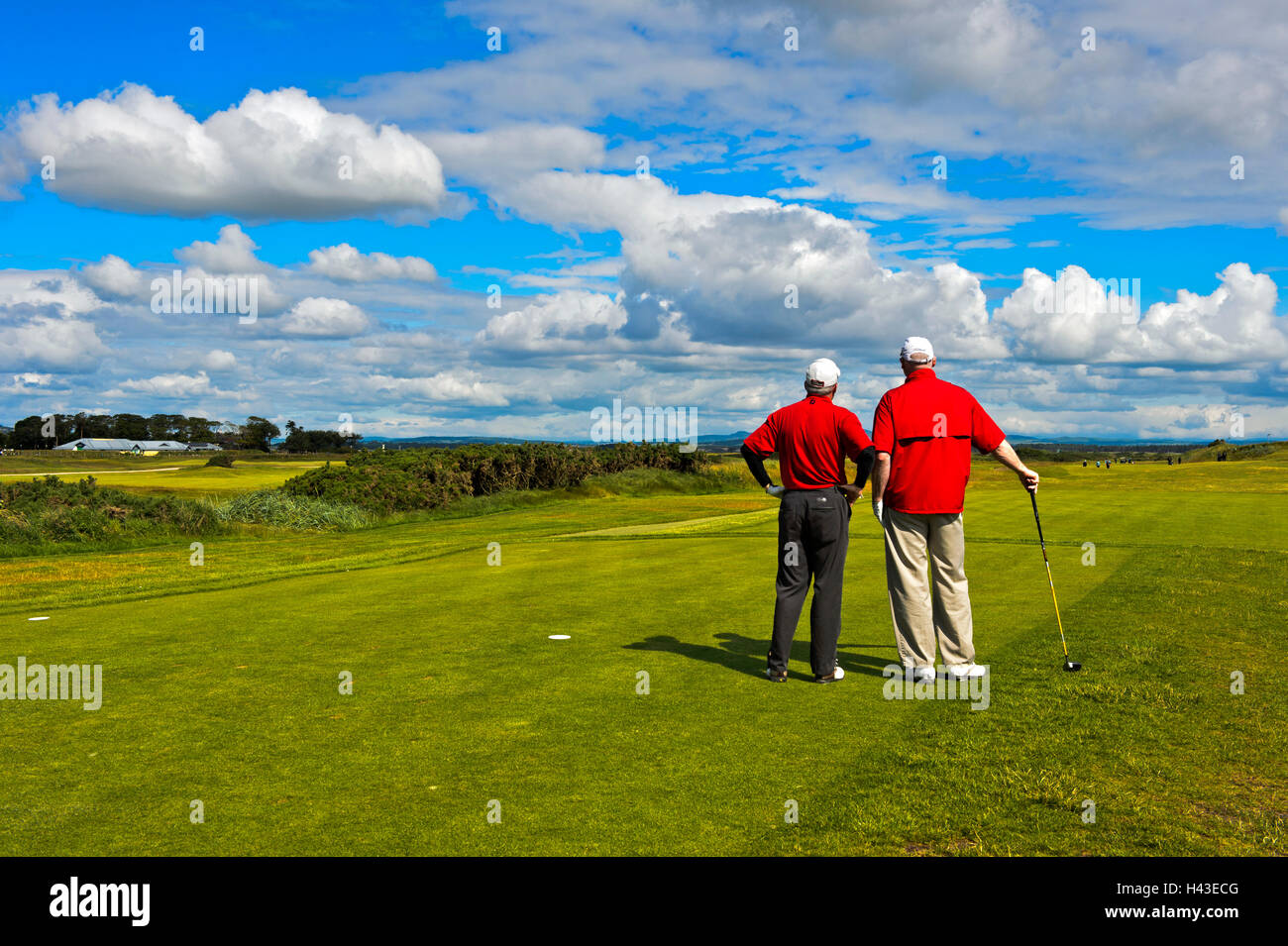 Two golfers on the Jubilee Course, St Andrews Links, St Andrews, Fife, Scotland, United Kingdom Stock Photo