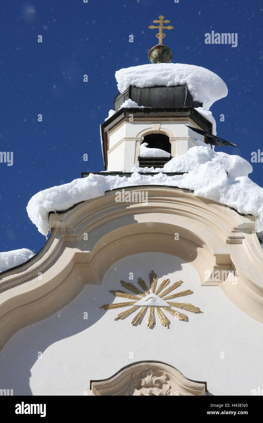 Germany, Bavaria, Mittenwald, band, detail, snow, South Germany, Upper Bavaria, Werdenfels, place, building, architecture, facade, old, historically, tower, cross, faith, religion, Christianity, snowfall, snowflakes, snowing, pilgrim's house, God's eye, Stock Photo