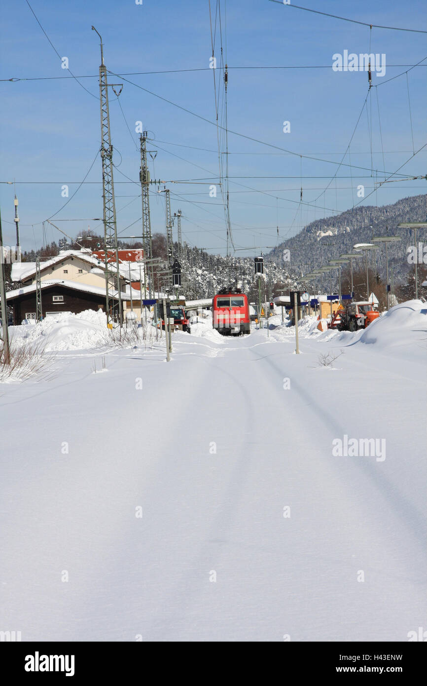 Germany, Bavaria, Mittenwald, railway station, train, tracks, snow-covered, South Germany, Upper Bavaria, Werdenfels, place, building, circuits, masts, means transportation, publicly, transport, promotion, rail transport, zugeschneit, snowbound, stood still, Stock Photo