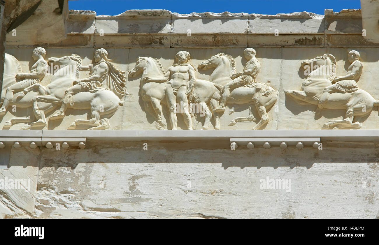 Freize of Parthenon temple, close-up, Acropolis, Athens, Greece Stock Photo