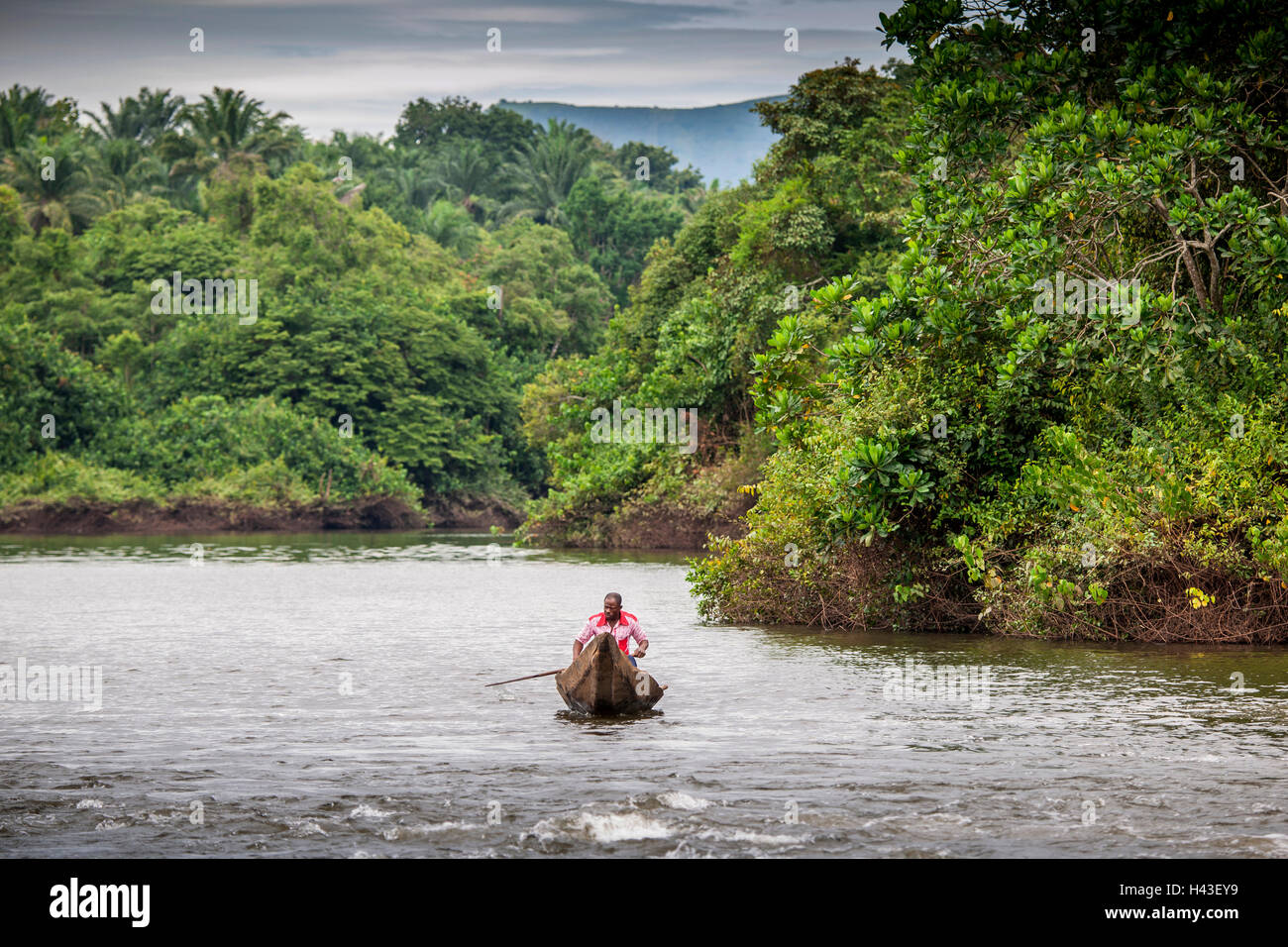 Man in dugout canoe, navigating river, Foumbam, West Region, Cameroon, Africa Stock Photo