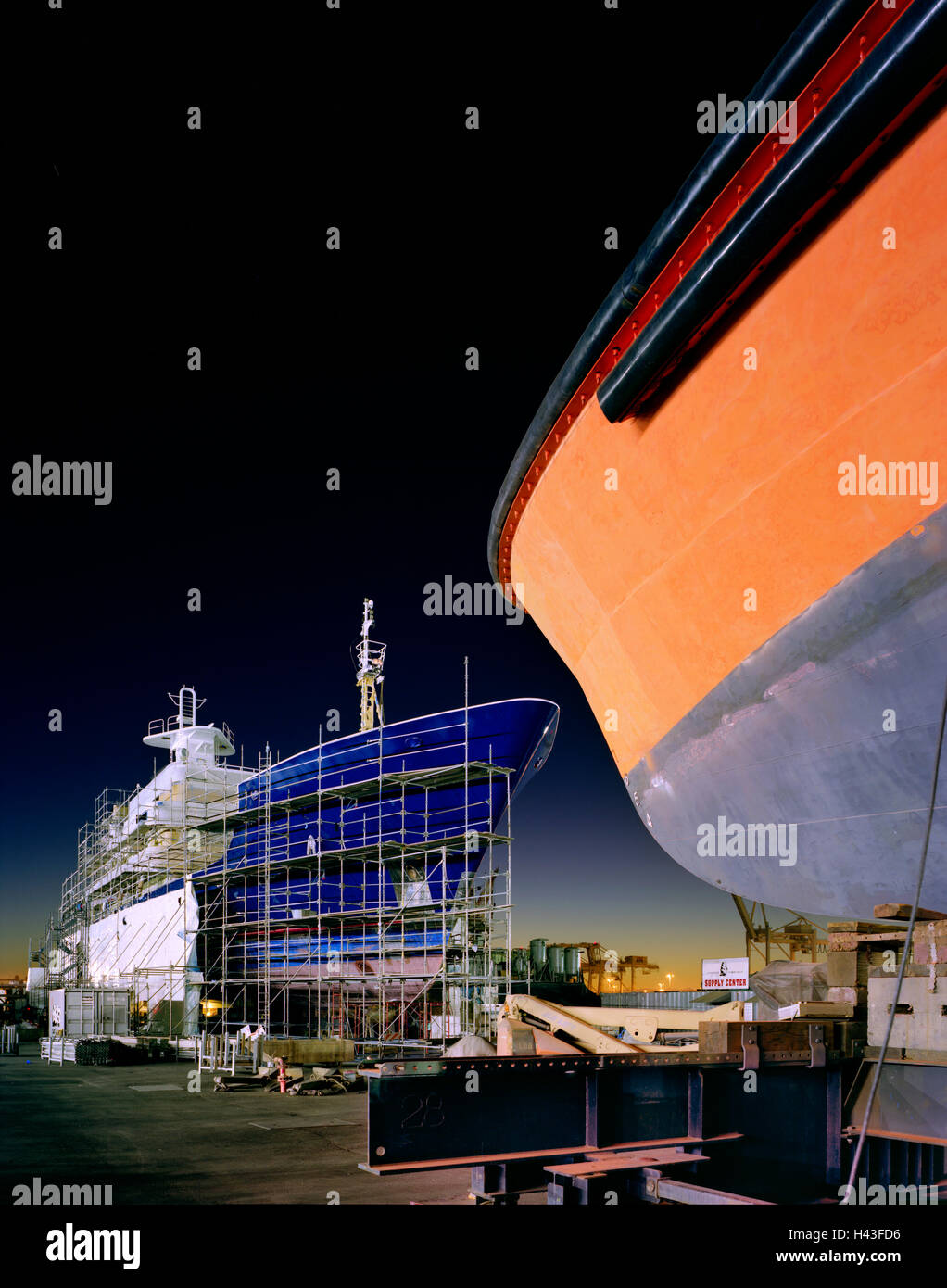 Scaffolding on ship in shipyard Stock Photo
